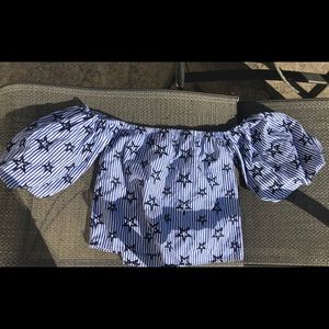 Blue and White Striped off the Shoulder crop top